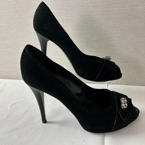 Giuseppe Zanotti Shoes - GIUSEPPE ZANOTTI Sz 39.5 US 9.5 Black Suede w/ Rhinestones Open Toe Heels Shoes